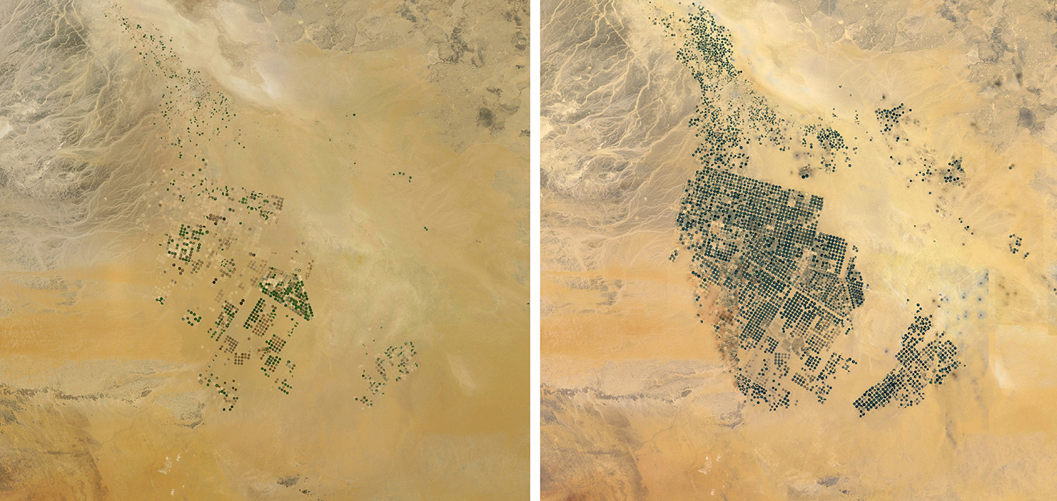 Growth of groundwater-based centre pivot irrigation in Saudi Arabia between 2000-2010 before being scaled back. Copyrights: Google.